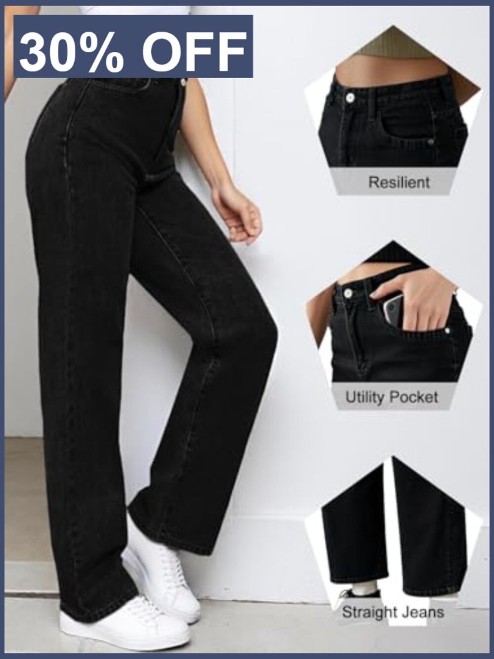 High Waisted Straight Leg Jeans Tummy Control Stretchy Casual Denim Pants - Picture 3 of 7